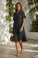 Robe chemise noire boutonnée pour femme, coupe décontractée, manches courtes, robe d'été avec poches, tenue décontractée pour tous les jours et les vacances