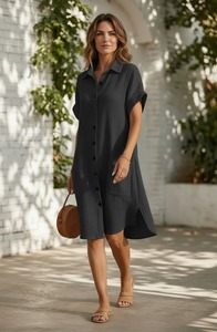 Ladies Black Button Down Shirt <b>Dress</b> Casual Loose Fit Short Sleeve <b>Summer</b> <b>Dress</b> <b>with</b> <b>Pockets</b> Relaxed Everyday Resort Wear - Product Image 3