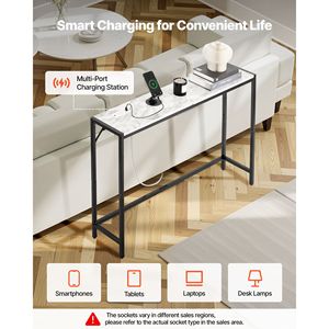 Consolle Moderna in Marmo con Dispositivo Anti-Ribaltamento, Tavolino Sottile da Divano in Pino, Consolle Lunga e Stretta con Presa di Corrente per Hotel - Product Image 2