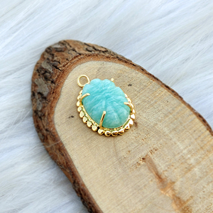 Pendentifs en Amazonite Naturelle, Plaqué Or 18K, Laiton Sculpté à la Main, Pierre Ovale Sertie à Griffes, Connecteur à Simple Bélière pour Fabrication de Bijoux - Product Image 3