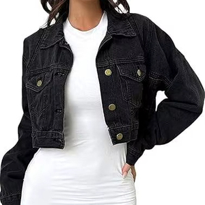 Women's Winter Bomber Washed Distressed Knitted Breathable Eco-Friendly Denim Jacket Long Sleeve Ripped Button up - Product Image 1