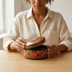 Premium Handcrafted Round Paper Mache Keepsake <b>Box</b> Crimson Floral Tapestry Traditional Kashmiri Indian Artisan <b>Gift</b> - Product Image 6