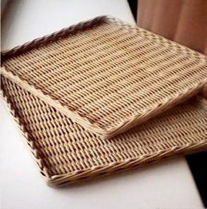 <b>Large</b> round shallow natural rattan <b>serving</b> <b>tray</b>, woven rim design with raised side handles, available at wholesale prices. - Product Image 2