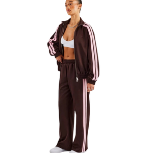 Ensemble de survêtement zippé pour femme, sweat-shirt à col montant, pantalon large à rayures contrastées, tenue décontractée deux pièces style streetwear - Product Image 3