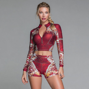 <b>Yoga</b> Wear Crop <b>Jacket</b> Shorts Set Women 100% Polyester Long Sleeve Zipper <b>Jackets</b> Elastic Waist Shorts Two Piece Set Women's - Product Image 4