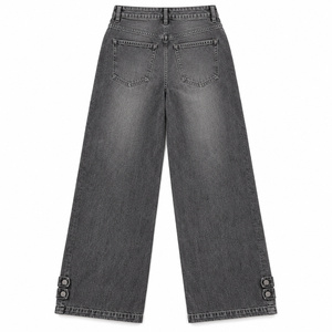 Jean en denim taille haute à jambe large pour femme avec ourlet boutonné, gris fumé, extensible, délavé, style vintage, été, tailles XL et XS - Product Image 2