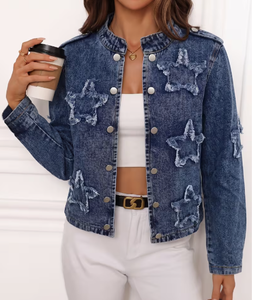 Hardihood International Veste en jean pour femme, imprimé floral, appliqués, délavage vieilli, style formel, respirante, coupe classique, automne - Product Image 3
