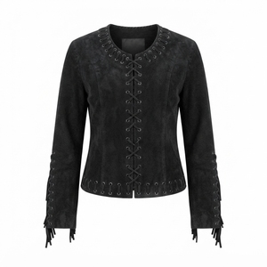 Chaqueta de ante negra con cordones, manga larga, cuello redondo, con flecos, abrigo de otoño para mujer, color sólido, longitud regular - Product Image 1