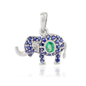 14K <b>Solid</b> White <b>Gold</b> Art Deco Elephant <b>Pendant</b> with Emerald and Blue Sapphire - Product Image 1