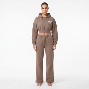 Conjunto de Sudadera Corta con Capucha para Mujer, Cremallera Completa, Hombros Caídos, Manga Larga, Pantalón Jogger de Pierna Ancha con Cordón, 100% Algodón Felpa, Conjunto de Dos Piezas - Product Image 5