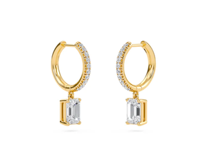Sofisticados pendientes de aro con diamantes de corte esmeralda en oro macizo con gemas radiantes cultivadas en laboratorio para un uso diario y en fiestas con elegancia. - Product Image 3