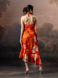 Vestido Midi para Mujer, Sin Tirantes, Ecológico, con Volantes Decorativos, Directo de Fábrica, Plisado, Rojo, Georgette, Estampado Floral, Silueta Holgada - Product Image 4