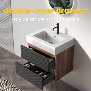 Grace 24\" <b>Wall</b> Mounted Modern Bathroom Vanity with Engineered Quartz Soft Black Sink and Drawers <b>Floating</b> Style - Product Image 5