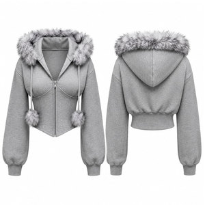 Hot Sale Women's Gray Hooded Zip-Up Sweatshirt With Faux <b>Fur</b> <b>Trim</b> And Pom Poms Short Crop <b>Top</b> Winter Wear - Product Image 1