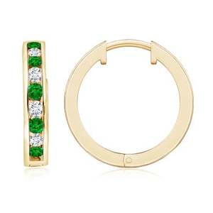 14Kt Yellow Gold Emerald Diamond Huggie Hoop Earrings Channel <b>Set</b> Green Emerald Fine Jewelry Luxury Gift for Women - Product Image 1