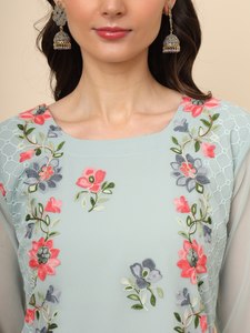 Indian Designer Women's Silk Kurti Pent Heavy <b>Chikankari</b> Embroidery Georgette Silk Fabric Wedding/Party Wear Semi-Stitched - Product Image 3
