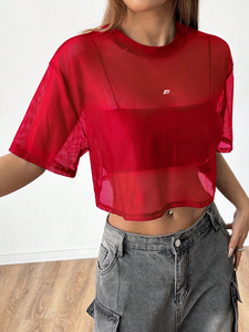 Wholesale Trendy Women Sheer Mesh Crop T Shirt Custom Logo Short Sleeve Summer Streetwear women's shirt Layering Top OEM Factory - Product Image 2