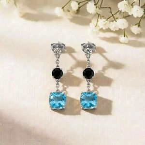 Elegant Sky <b>Blue</b> Topaz & Black Obsidian Drop <b>Earrings</b> Cushion Cut Gemstone Jewelry Minimalist Fine <b>Stud</b> <b>Earrings</b> Gift For Women - Product Image 5