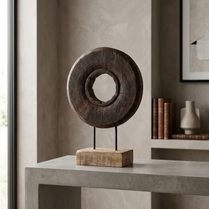 Lollypop Stand Handcrafted <b>Wooden</b> Ring Sculpture <b>Rustic</b> Tabletop Decorative Artwork Metal Stand Home Decor Display Accent Object - Product Image 5
