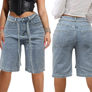 Pantalones Cargo Vaqueros Cortos de Verano para Mujer, Estilo Urbano Casual, Cómodos, Hip Hop, con Pedrería, Rectos, Lavados, hasta la Rodilla - Product Image 5