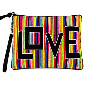 Rainbow Beaded LOVE <b>Clutch</b> Wristlet – Handmade Colorful Statement Pouch- Multicolor Striped Beaded <b>Clutch</b> with LOVE Design - Product Image 1