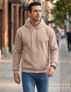 Sudadera con Capucha para Hombre, Color Sólido, Corte Regular, Tejido de Felpa, Estilo Casual Otoñal, Beige - Product Image 4