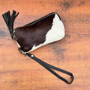 Pochette à pampilles en cuir de vachette de qualité extrême à la main Western en cuir véritable Boho Wristlet Wallet Hair On Hide Zipper Clutch For Women - Product Image 2