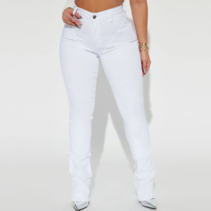 Jeans de Cintura Alta Blancos Ajustados de Talla Grande, Estilo Casual de Color Sólido con Bolsillos y Cierre de Cremallera - Product Image 3