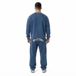 Men Blue Washed Crewneck Sweatshirt <b>Jogger</b> Pants <b>Set</b> Casual Streetwear <b>Matching</b> Clothes Custom Logo - Product Image 2