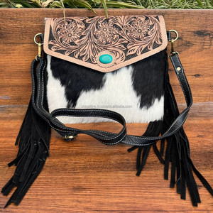 Meilleure vente sac à bandoulière en cuir de vachette à franges usiné à la main pour femme Western Hair On & véritable cuir Turquoise Stone Purse - Product Image 4