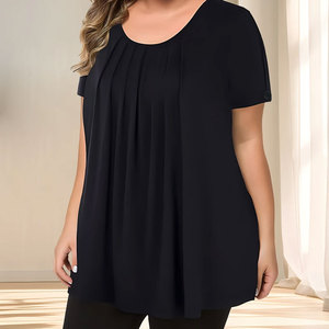 Chemisier décontracté léger en coton pour femme, col rond, manches courtes, grande taille, couleur unie, respirant, séchage rapide - Product Image 2