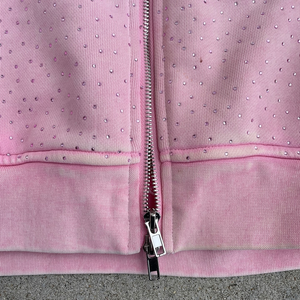 Women's <b>Pink</b> <b>Hoodie</b> Sweatpants Set Wholesale Casual Zip Up Tracksuit allover rhinestone front printed logo - Product Image 4
