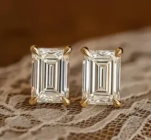 IGI 4.00Ct <b>Emerald</b>-Cut Lab Grown Diamond Solitaire <b>Stud</b> Earing 14k Yellow Gold - Product Image 5