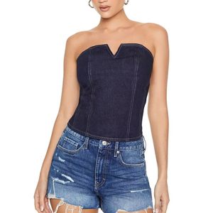 Top de Verano de Alta Calidad para Mujer, Elástico, de Mezclilla, sin Tirantes, de Algodón, Sexy, con Cierre de Botones, Camisa Casual Personalizada para Mujer - Product Image 2