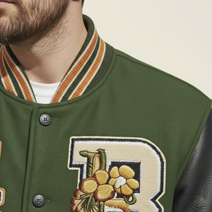 Chaqueta Varsity Verde para Hombre con Parche de Letra B Bordada, Mangas de Cuero, Estilo Preppy, Cuello Camisero, Corte Regular, para Otoño - Product Image 5