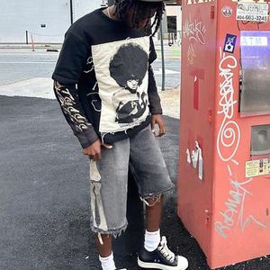 Streetwear surdimensionné personnalisé en gros T-shirt à manches longues double couche à manches longues avec impression graphique de flamme - Product Image 3