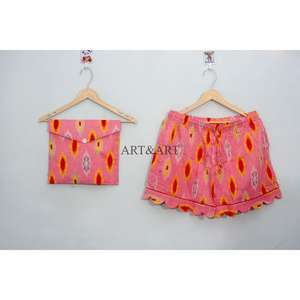 Conjunto de Pijama Corto de Algodón para Mujer, Ligero, Transpirable, de Verano, con Botones de Encaje, Estampado a Mano Indio - Product Image 2