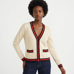 Women's Cream V-Neck Cardigan With Red Black Trim Full Sleeve <b>Preppy</b> Style Autumn Wear 100% Acrylic Knitted Sweater - Product Image 1