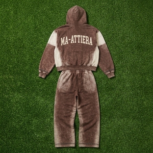Custom <b>Women</b> <b>Brown</b> Acid Wash Color Block Cropped Hoodie Wide Leg Sweatpants Cotton Fleece <b>Tracksuit</b> OEM Wholesale - Product Image 6