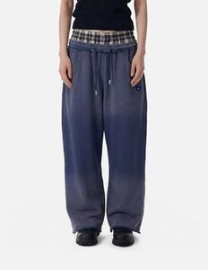 Double Waist Washed Baggy Sweatpants Loose Wide Leg <b>Plaid</b> Patchwork Casual Pants with Pockets - Product Image 1