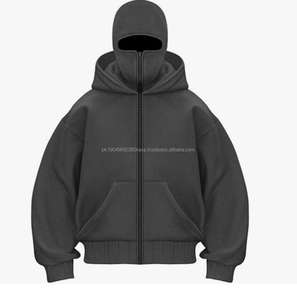 Nouveauté : Hoodie Balaclava sur mesure en molleton 100% coton, style oversize à épaules tombantes, avec poche, streetwear, fermeture éclair, motifs unis - Product Image 3