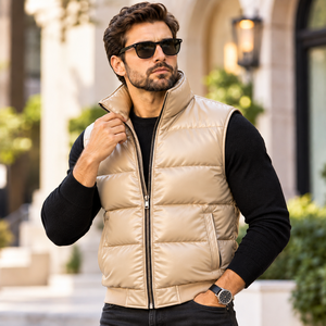 Chaleco Acolchado de Cuero Genuino para Hombre al por Mayor |   Chaleco acolchado transpirable para hombre de cuero auténtico |   Chalecos acolchados tipo bomber para hombre - Product Image 4