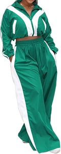 Conjunto Deportivo para Mujer en Verde y Blanco con Bloques de Color, Manga Tres Cuartos, Cuello en V, Corte Holgado, Estilo Urbano, Pantalones Largos de Verano - Product Image 4