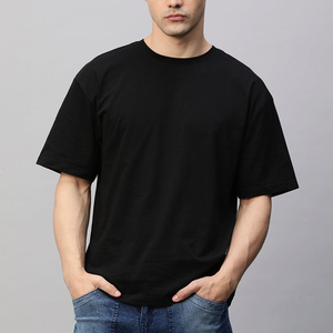 T-shirt pour homme en coton 100% noir à col rond et manches courtes, coupe classique, décontracté, couleur unie, jersey tricoté, teinture unie - Product Image 2