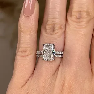 Moissanite <b>Cushion</b> Cut Engagement Ring Split Shank Double Band Silver Ring Luxury Bridal Jewelry - Product Image 4