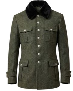 Manteau en laine pour homme avec col en fourrure, boutons sur le devant, poche utilitaire, veste d'extérieur, tunique de style allemand M36 de la Seconde Guerre mondiale, couleur vert olive - Product Image 5