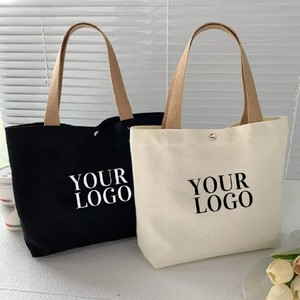 Custom Logo Printed Adjustable Washable <b>Canvas</b> Tote Bag Beige Eco Friendly <b>Large</b> Capacity Water Resistant <b>Plain</b> Design - Product Image 2