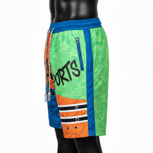Pantalones cortos cortavientos de poliéster taslan premium, con paneles en naranja, verde y azul, estampado por sublimación, bordado y logotipo personalizado para hombre. - Product Image 2