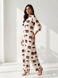 Premium Cotton Print Women's Co-ord Set White Button-<b>Down</b> Long Kurta <b>Trouser</b> Two-Piece Traditional Ethnic Party Wear Sun - Product Image 3