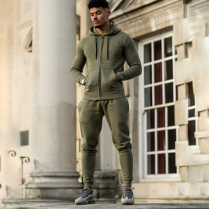 Men's Olive Green Hooded <b>Tracksuit</b> Full Zip Sweatshirt Jogger Set Solid Color Casual Wear Breathable Cotton Autumn Outfit - Product Image 3